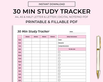 30 min studietracker, studentenplanner, studentplanner afdrukbaar, bureauplanner, schoolplanner, direct downloaden, A4/A5/halve letter/brief
