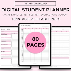 May include: Digital student planner with 80 pages. The planner includes sections for course details, study schedule, and notes. The planner is printable and fillable.