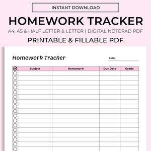 Op de afbeelding: Een printbare huiswerktracker met een roze en wit kleurenschema. De tracker heeft kolommen voor vak, huiswerk, vervaldatum en cijfer. De tracker is ontworpen om met een pen te worden ingevuld.