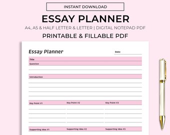 Peut inclure: Modèle de planificateur d'essai imprimable au format PDF. Le planificateur comprend des sections pour le titre, la question, l'introduction, les points clés et les idées secondaires. Le modèle est conçu pour les formats A4, A5, demi-lettre et lettre.