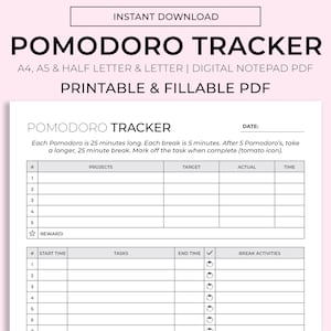 Może przedstawiać: Drukowany cyfrowy notatnik PDF Pomodoro Tracker. Dokument zawiera sekcje dla projektów, zadań i śledzenia czasu. Złoty i biały długopis jest umieszczony po prawej stronie dokumentu. Tekst na dokumencie brzmi "Pomodoro Tracker".