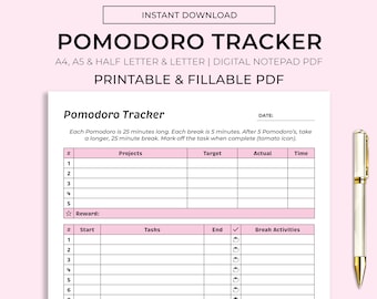 Pomodoro Tracker Planner, Planer ucznia, Do druku dla ucznia, Planer biurkowy, Planer szkolny, Natychmiastowe pobieranie, A4/A5/Pół listu/List