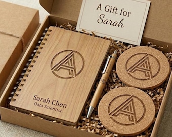 Ensemble carnet en bois personnalisé, stylo et sous-verre • Coffret cadeau d'entreprise avec logo personnalisé