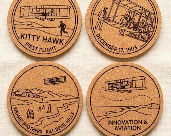 Ensemble de sous-verres en liège des frères Wright : Histoire de l’aviation, Premier vol, Kitty Hawk (Ensemble de 4)