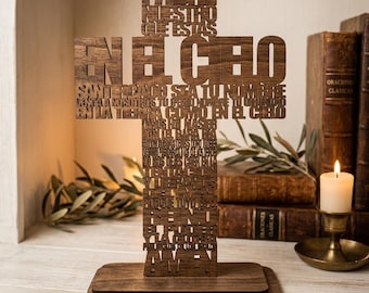 Croix Padre Nuestro en bois – Prière du Seigneur espagnole, gravure laser sur bois de bouleau, décoration chrétienne pour la maison