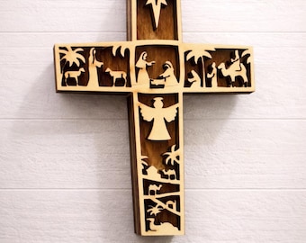 Croix de Noël en bois multicouche | Décoration de Noël en bambou et bouleau découpée au laser
