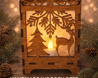 Handmade Wooden Deer Tea Light Lantern • Cozy Woodland Candle Holder • Warm Glow Winter Decor • Rustic Nature Gift