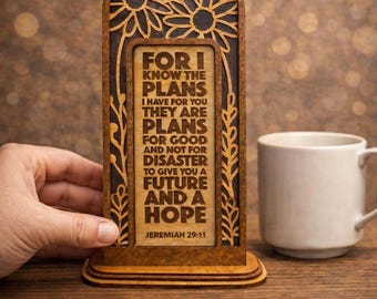 Letrero de madera personalizado con versículo bíblico, cita o escritura personalizada, arte de pared con Jeremías 29:11, madera laminada grabada, regalo cristiano