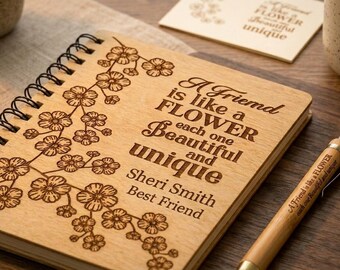 Carnet et stylo en bambou personnalisés : Carnet à motif floral gravé, cadeau d'amitié