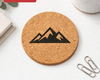 Sous-verre en liège personnalisé • Icône montagne gravée au laser • Décoration rustique pour verres
