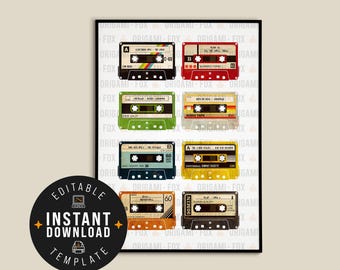 Personalised Cassette Tape Poster - Music Print - Custom Design - Downloadable Retro Album / Songs Gift - Instant Download - Print at Home