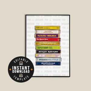 Könnte beinhalten: Ein gerahmter Druck mit einer Ansammlung von Vintage-Kassetten mit Albumtiteln wie "Nevermind" von Nirvana und "The Beatles - White Album." Der Druck enthält den Text "Editable Instant Download Template."