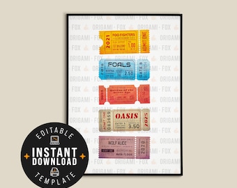 Personalised Ticket Stub Poster - Music Print - Custom Design - Downloadable Retro Music Concert Gig Gift - Instant Template - Print at Home