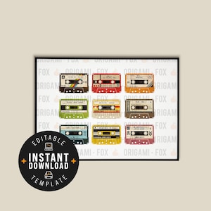 Könnte beinhalten: Ein gerahmter Druck mit einer Sammlung von Vintage-Kassetten in verschiedenen Farben, darunter Rot, Grün und Gelb. Jede Kassette hat ein Etikett mit Text. Der Druck enthält einen schwarzen Kreis mit dem Text "Editable Instant Download Template."