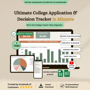 May include: A digital college application and decision tracker dashboard displayed on a laptop, tablet, and smartphone. The interface features charts, graphs, and text including Ultimate College Application & Decision Tracker in Minutes, 7 TABS, and YouTube Tutorial. Compatible with Google Sheets and Excel.