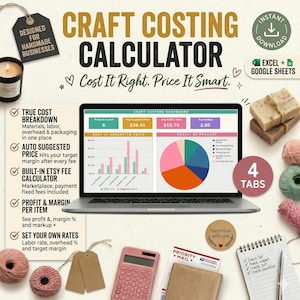 May include: A digital craft costing calculator displayed on a laptop screen, featuring a dashboard with charts, graphs, and data tables. The image includes text labels for Excel and Google Sheets, a pink calculator, yarn balls, and soap bars.