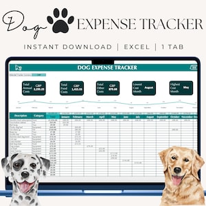 以下が含まれることがあります： 「Dog Expense Tracker」というタイトルのスプレッドシートが表示されたラップトップの画面。スプレッドシートは、犬の費用を追跡するための予算管理ツールで、フード、その他、合計費用などのカテゴリがあります。スプレッドシートには、年間の合計費用を月別に示す折れ線グラフも含まれています。スプレッドシートはターコイズブルーの枠で囲まれています。ラップトップは白い背景の上にあります。ラップトップの両側には、漫画の犬が2匹います。左側の犬はダルメシアンで、右側の犬はゴールデンレトリバーです。