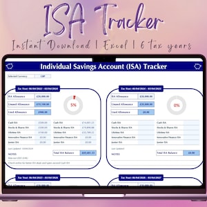 May include: A laptop screen displaying a spreadsheet with a blue and white interface. The spreadsheet is titled "Individual Savings Account (ISA) Tracker" and shows a breakdown of different types of ISAs, including cash ISAs, stocks and shares ISAs, and lifetime ISAs. The spreadsheet also includes a total ISA balance and a notes section.