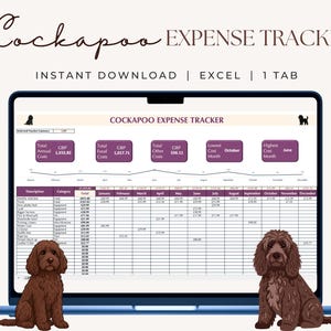 May include: A laptop displays a Cockapoo Expense Tracker spreadsheet. The screen shows financial data with purple accents and the text "Cockapoo Expense Tracker." Two brown Cockapoo illustrations flank the screen. The top text reads "Instant Download | Excel | 1 Tab."