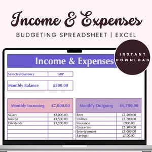 Puede incluir: Una pantalla de computadora portátil que muestra una hoja de cálculo de presupuesto con el título "Ingresos y gastos". La hoja de cálculo está en un esquema de color morado y blanco e incluye categorías para ingresos y gastos mensuales, con cantidades enumeradas en libras esterlinas.