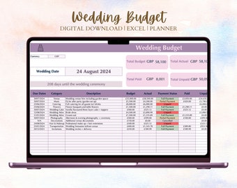 May include: A digital wedding budget planner spreadsheet on a laptop screen. The spreadsheet is organized by category, due date, budget, actual, payment status, paid, and unpaid. The wedding date is August 24, 2024.
