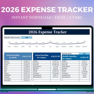 May include: A laptop screen displays a 2026 Expense Tracker spreadsheet. The spreadsheet shows annual and monthly spending by category, with a total annual spending of £30,237.85. The text "INSTANT DOWNLOAD | EXCEL | 2 TABS" is visible at the top.
