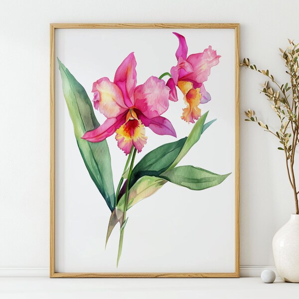 Cattleya Orchid flower watercolor art, wall art, plant print, poster print, digital printable, gift for anyone, unique, floral artwork,decor