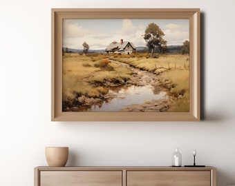 Homestead Retreat, art du paysage imprimable, impression vintage, peinture de paysage de campagne, téléchargement numérique