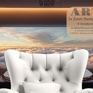 Könnte beinhalten: Ein weißer Sessel mit einem Kissen steht vor einem großen Fenster mit Blick auf Wolken und Sonnenuntergang. Der Text "1x Zoom Background 4 Variations" ist in der oberen rechten Ecke des Bildes sichtbar.