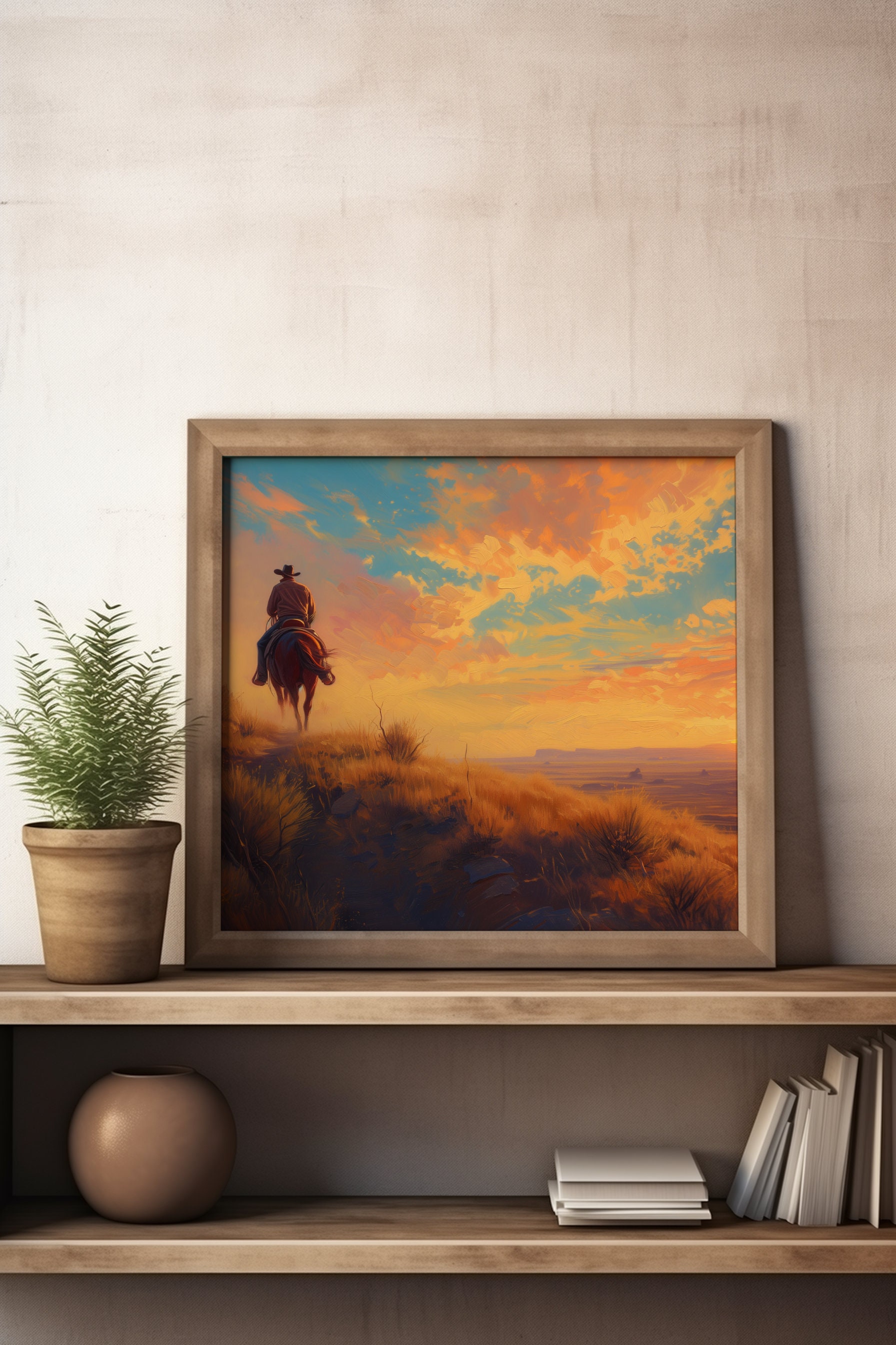 カウボーイの夕焼けの絵 馬の油絵 西洋画 南西部のアート カウボーイの