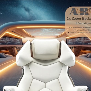 May include: A white leather chair with a futuristic design, set against a backdrop of a modern yacht interior with glowing lights. The chair is positioned in the center of the image, with the yacht's interior visible in the background.