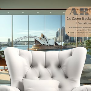 May include: A white armchair with a black cushion in front of a large window with a view of the Sydney Opera House and Harbour Bridge. The room is decorated with plants and a modern design.