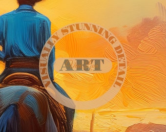 カウボーイの夕焼けの絵 馬の油絵 西洋画 南西部のアート カウボーイの