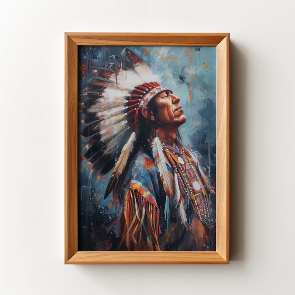 Chief's Reverie American Indian Portrait Indian Oil Painting Western Wall Art Mid Century Decor Rustic Southwest Decor Digital Download