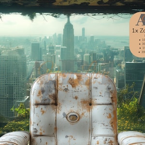 May include: A rusty, white armchair sits in front of a window overlooking a cityscape. The city is overgrown with greenery, suggesting a post-apocalyptic setting. The Empire State Building is visible in the distance.