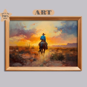 Cowboy Sunset Painting Horse Oil Painting Western Painting Southwestern Art Cowboy Wall Art Western Landscape Painting Vintage Cowboy