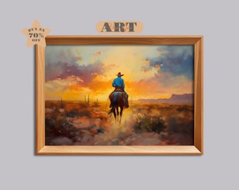 カウボーイの夕焼けの絵 馬の油絵 西洋画 南西部のアート カウボーイの