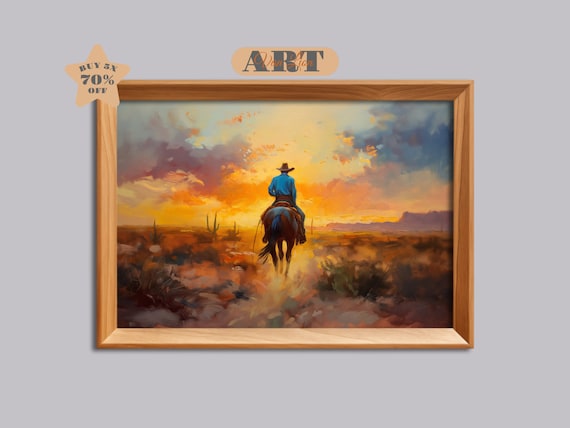 カウボーイの夕焼けの絵 馬の油絵 西洋画 南西部のアート カウボーイの