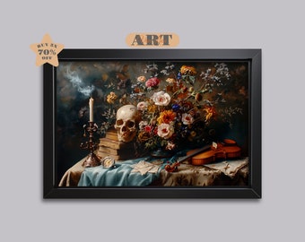 Still Life Vanitas Skull Still Life Painting Dark Academia Painting Gothic Skull Painting Antique Oil Painting Macabre Art Dark Cottagecore