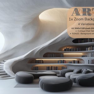May include: A modern living room interior with a curved white wall, a staircase, and a bookshelf filled with books. The room has large windows overlooking a lake and trees. There are several gray, organic-shaped chairs and a coffee table in the room.