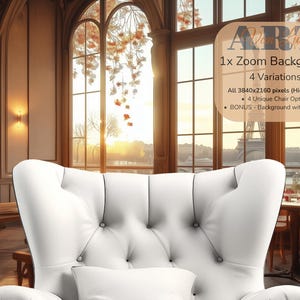 May include: A white armchair with a tufted back and seat cushion, positioned in front of a large window with a view of a city skyline. The room is decorated in a classic style with wooden floors and walls, and there are tables and chairs set up for dining.