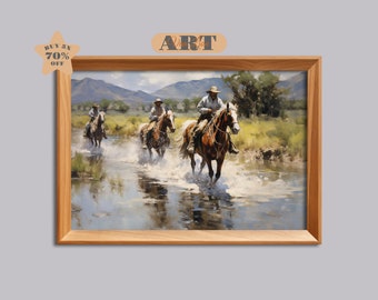 農業アート 馬の絵画 ワイルドウェストの絵画 馬の油絵 牛のアート