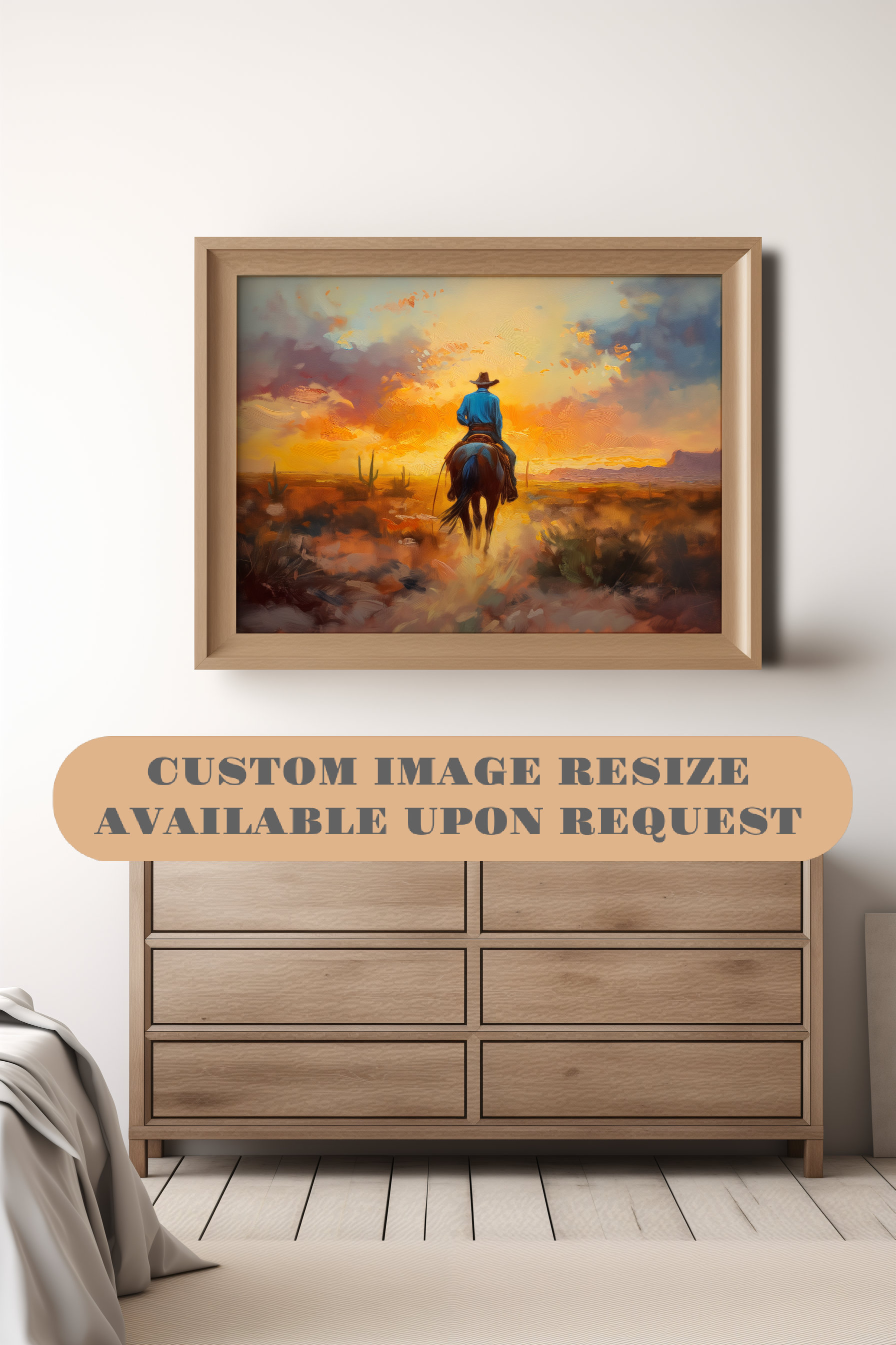 カウボーイの夕焼けの絵 馬の油絵 西洋画 南西部のアート カウボーイの