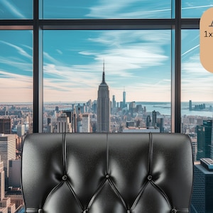 May include: A black leather chair with a tufted back sits in front of a large window with a view of a city skyline. The Empire State Building is visible in the distance. The text "ART 1x Zoom Background" is displayed in the upper right corner of the image. The text "Includes 4 Variations" is displayed below the title. The text "1920x1080 pixels (Original)" is displayed below the text "Includes 4 Variations". The text "3940x2160 pixels (Original)" is displayed below the text "1920x1080 pixels (Original)". The text "1920x1080 pixels (Blurred)" is displayed below the text "3940x2160 pixels (Original)". The text "3940x20160 pixels (Blurred)" is displayed below the text "1920x1080 pixels (Blurred)".
