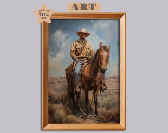 Cowboy Portrait Painting Horse Oil Painting Western Painting Southwestern Art Cowboy Wall Art Western Landscape Painting Vintage Cowboy