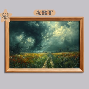 Thunderstorm Painting Lightning Strike Art Stormy Weather Painting Rainstorm Field Landscape Art Storm Painting Rainstorm Art Nature Print