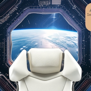 Puede incluir: Una silla blanca con vista a la Tierra desde una ventana de nave espacial. La ventana está enmarcada por una estructura metálica. La imagen es un fondo de zoom 1x con cuatro variaciones, incluyendo versiones originales y borrosas.