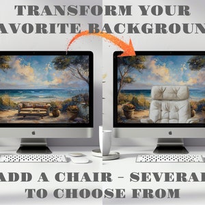 Peut inclure: Deux écrans d'ordinateur côte à côte, montrant la même scène de plage. L'écran de gauche montre la scène sans chaise, tandis que l'écran de droite montre la scène avec une chaise blanche ajoutée. Le texte "ADD A CHAIR - SEVERAL TO CHOOSE FROM" est sous les écrans.