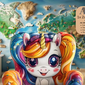 Puede incluir: Una silla de unicornio colorida con una melena y cola de arcoíris. La silla está frente a un mural de mapa del mundo con un esquema de color azul y verde.