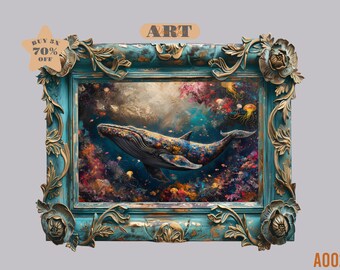 気まぐれなクジラのアートワーク 海の油絵 サイケデリックアート 野生